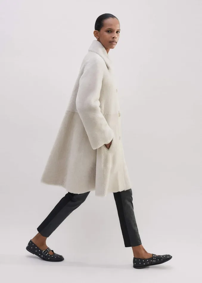 Women Luxe Shearling LeatherMix Swing Coat Natural MEEM