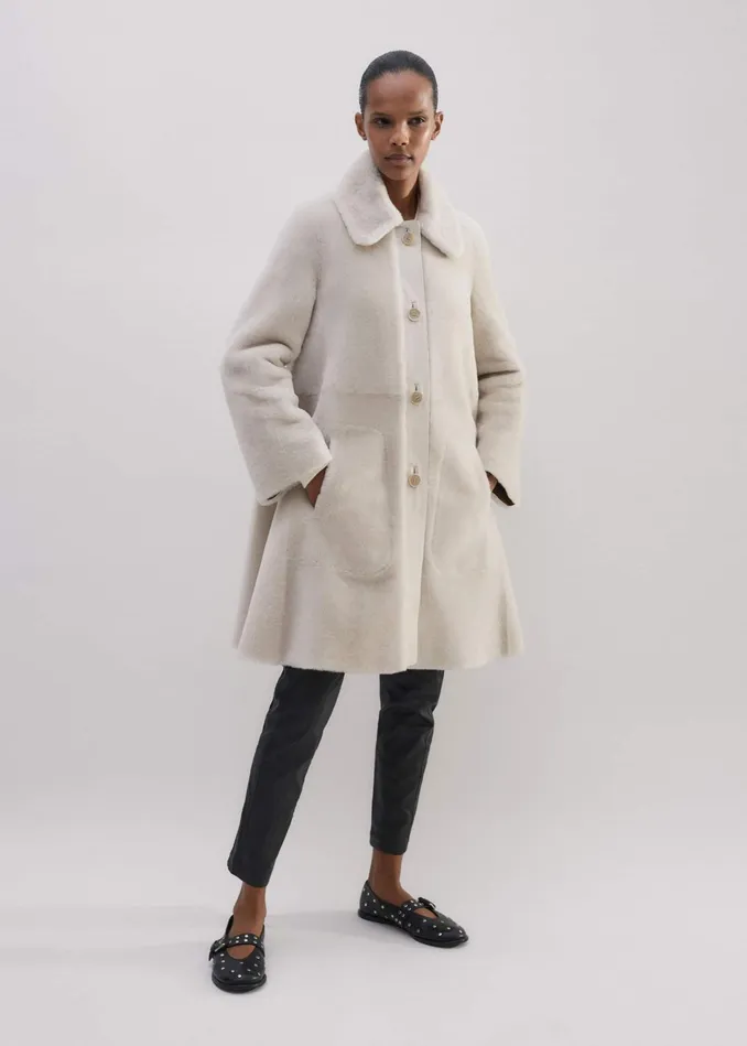Women Luxe Shearling LeatherMix Swing Coat Natural MEEM
