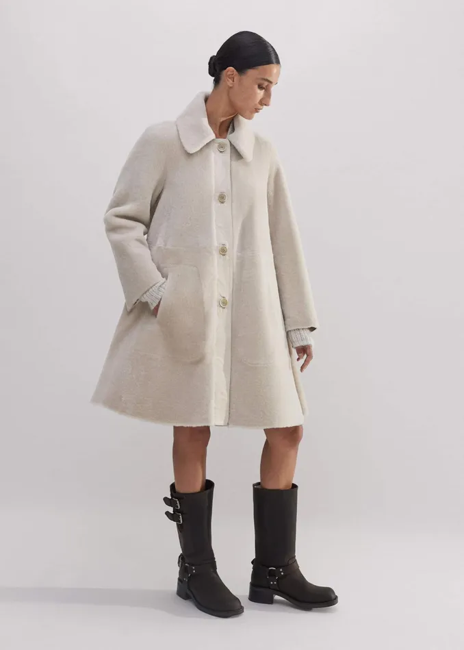 Women Luxe Shearling LeatherMix Swing Coat Natural MEEM