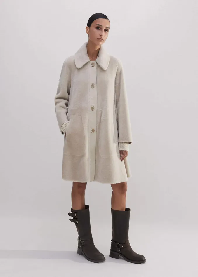 Women Luxe Shearling LeatherMix Swing Coat Natural MEEM