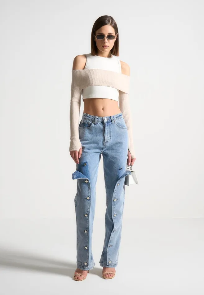 Women Manire De Voir Button Down Overlay Mom Jeans Mid Blue
