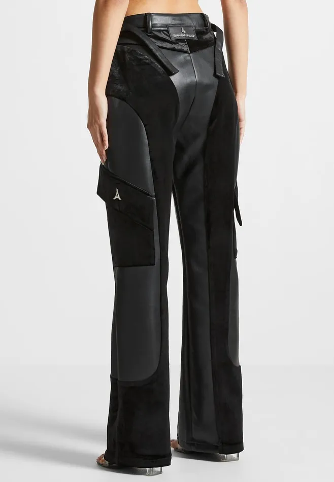 Women Manire De Voir Leather And Velvet Cargo Pants Black