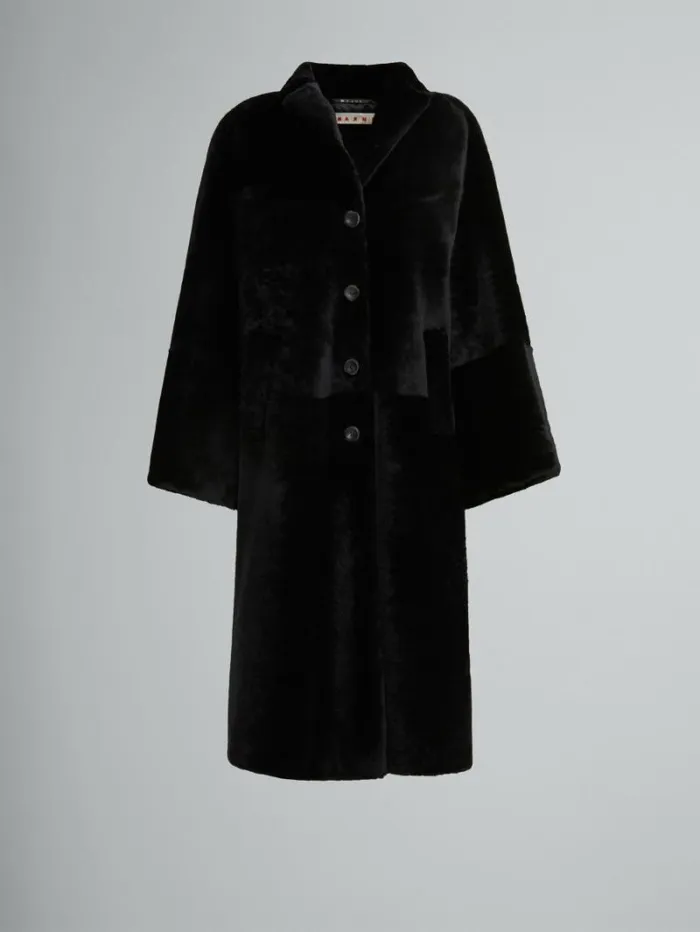 Women Marni Coats and Jackets Black Shaved Shearling Coat With Padded Shoulders