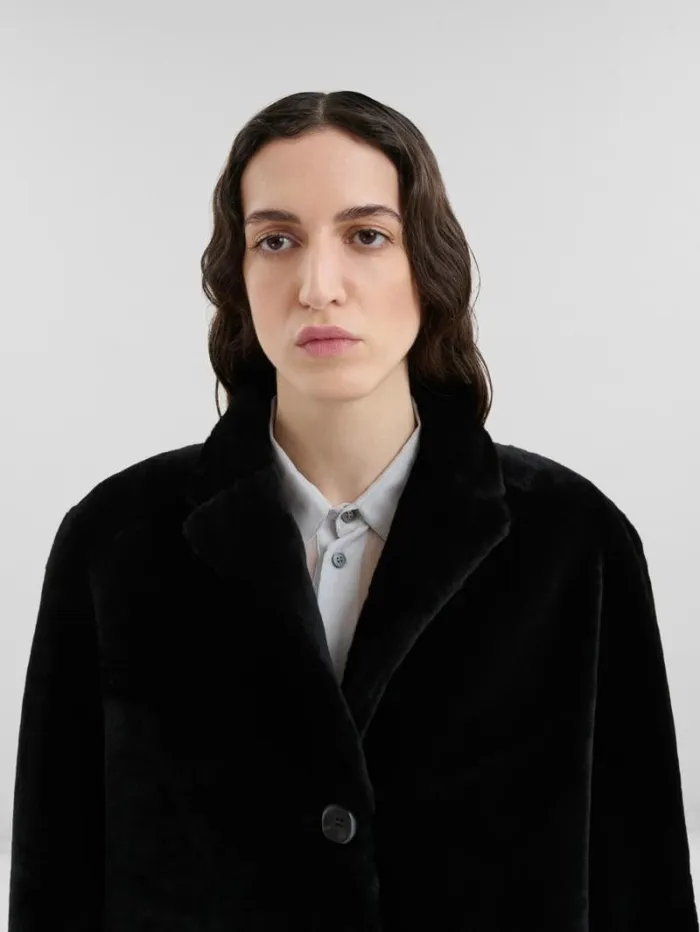 Women Marni Coats and Jackets Black Shaved Shearling Coat With Padded Shoulders