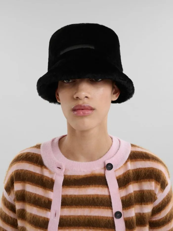 Women Marni Hats Black Shaved Shearling Bucket Hat