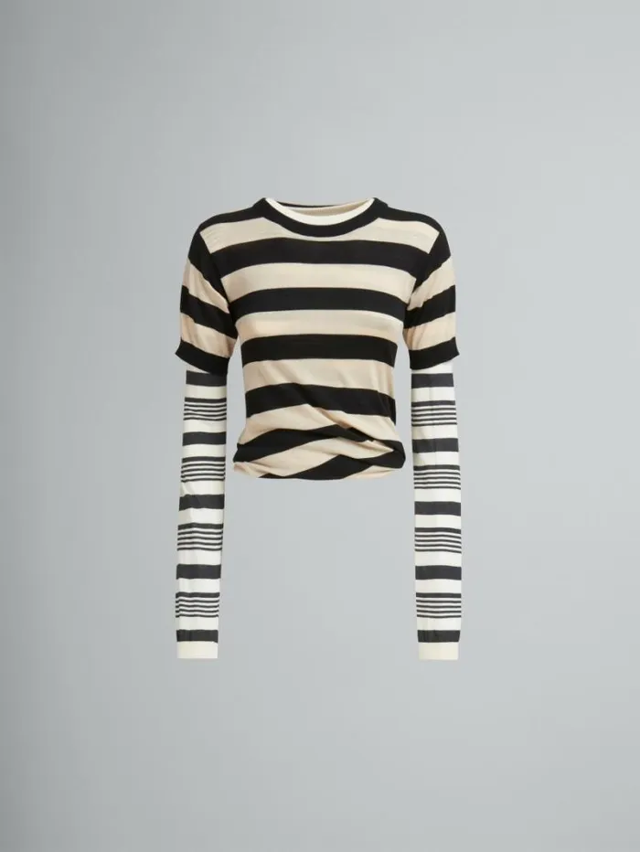 Women Marni Knitwear Black And White Layered Cotton CrewNeck With Contrast Stripes