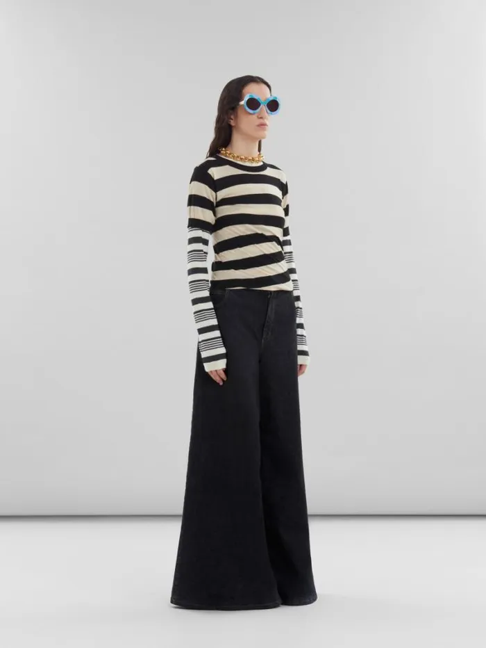 Women Marni Knitwear Black And White Layered Cotton CrewNeck With Contrast Stripes