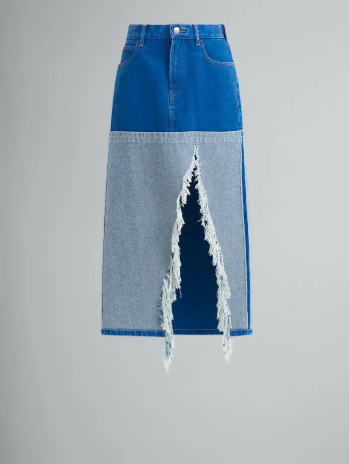 Women Marni Skirts Blue Organic Denim TwoTone Midi Skirt