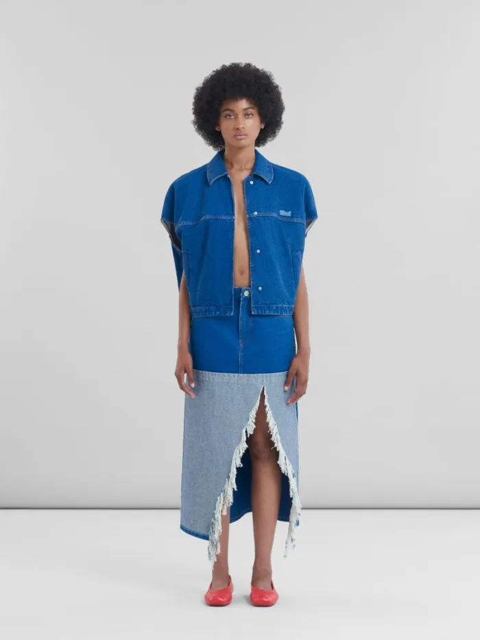 Women Marni Skirts Blue Organic Denim TwoTone Midi Skirt