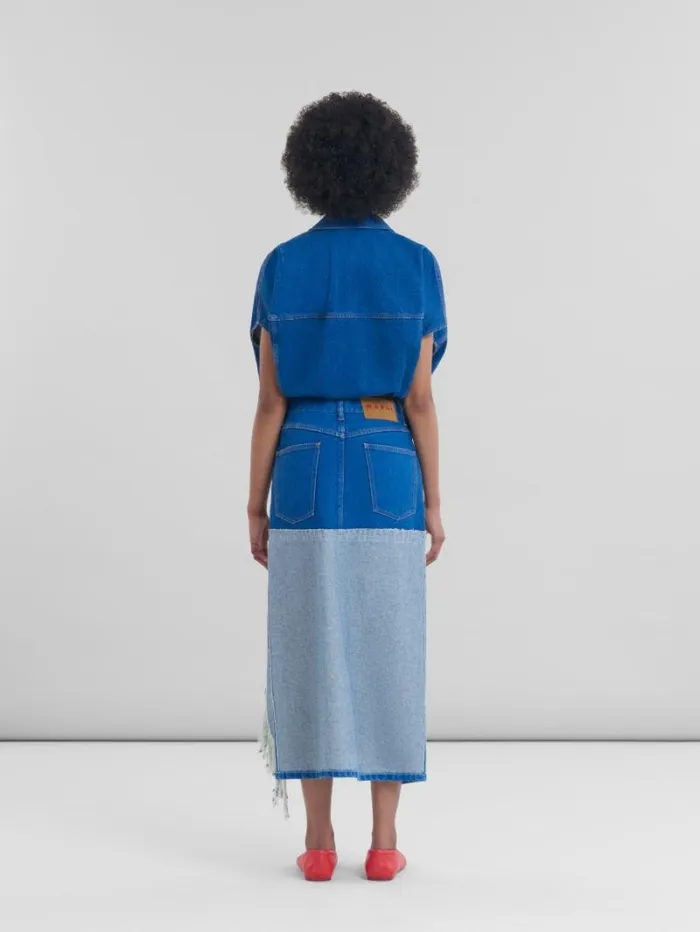 Women Marni Skirts Blue Organic Denim TwoTone Midi Skirt