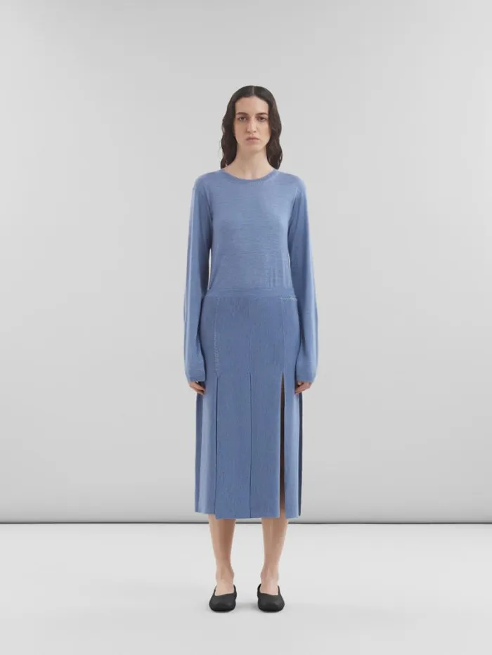Women Marni Skirts Blue WoolSilk Skirt With RawCut Slits