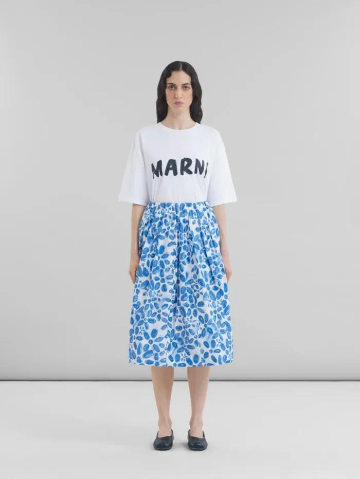 Women Marni Skirts White Poplin Elasticated Midi Skirt With Blooming Print