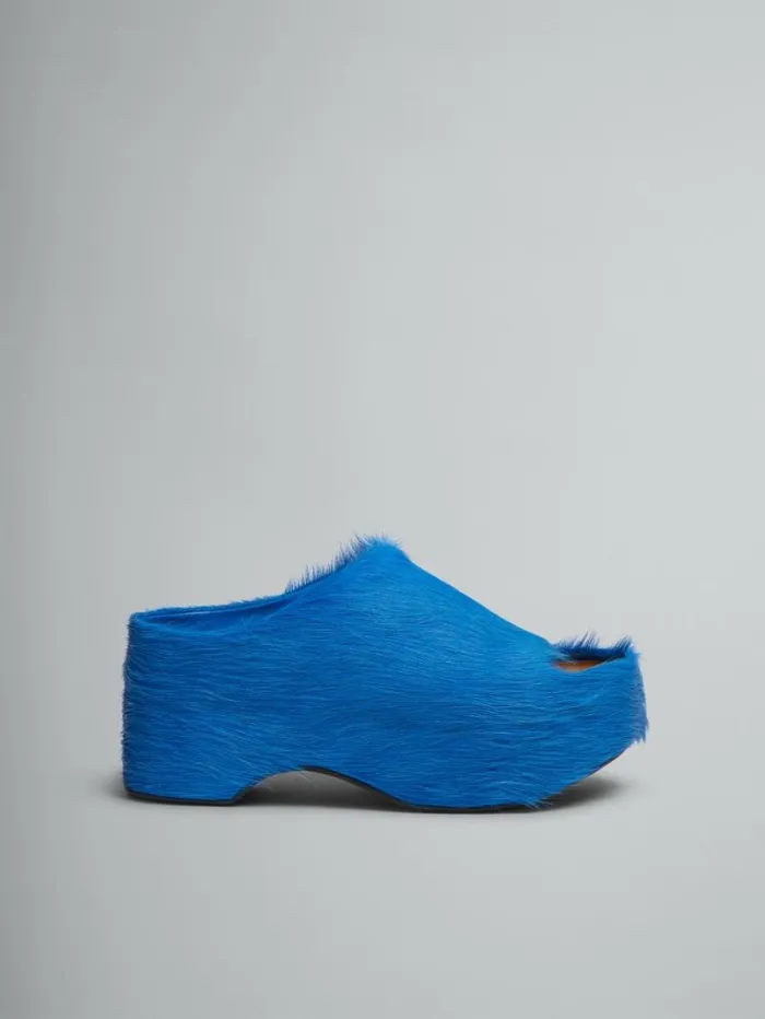 Women Marni Slides and Sandals Blue LongHair Calfskin Chunky Clog Slide