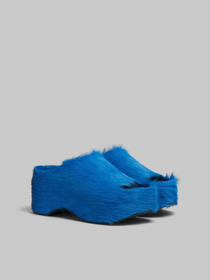 Women Marni Slides and Sandals Blue LongHair Calfskin Chunky Clog Slide