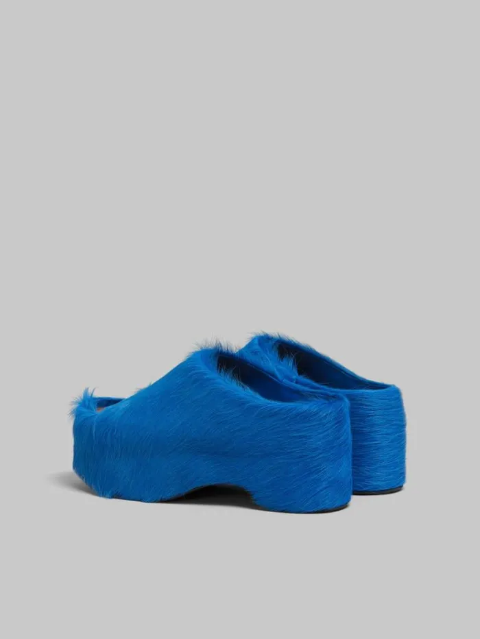 Women Marni Slides and Sandals Blue LongHair Calfskin Chunky Clog Slide