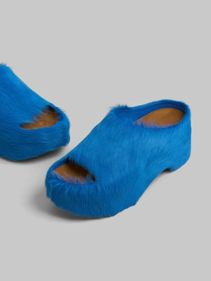 Women Marni Slides and Sandals Blue LongHair Calfskin Chunky Clog Slide