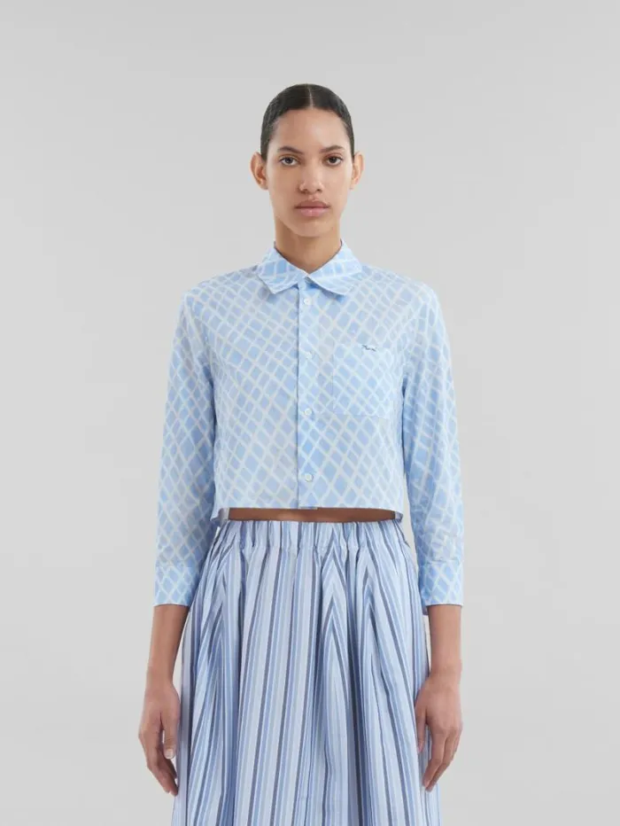 Women Marni Tops and Tshirts Light Blue Organic Poplin Cropped Shirt With Landscapes Print