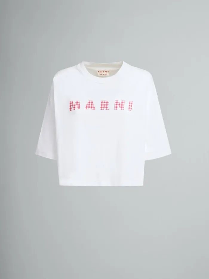 Women Marni Tops and Tshirts White Jersey Cotton TShirt With Checked Marni Logo