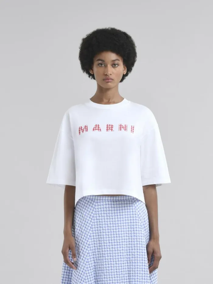Women Marni Tops and Tshirts White Jersey Cotton TShirt With Checked Marni Logo