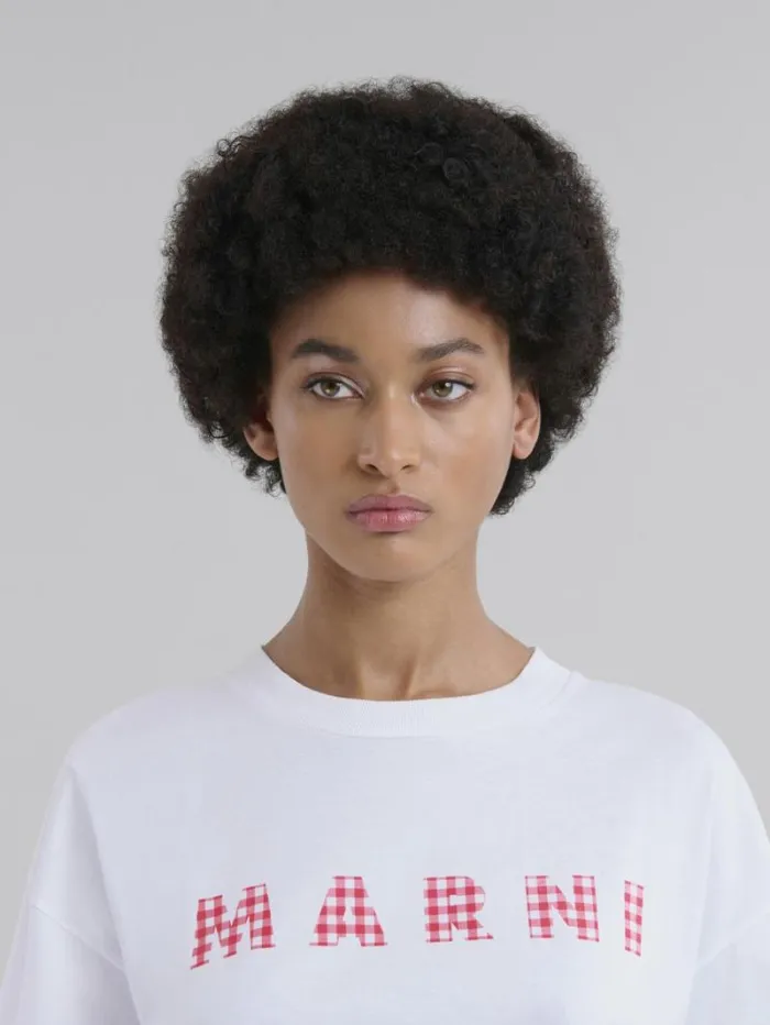 Women Marni Tops and Tshirts White Jersey Cotton TShirt With Checked Marni Logo