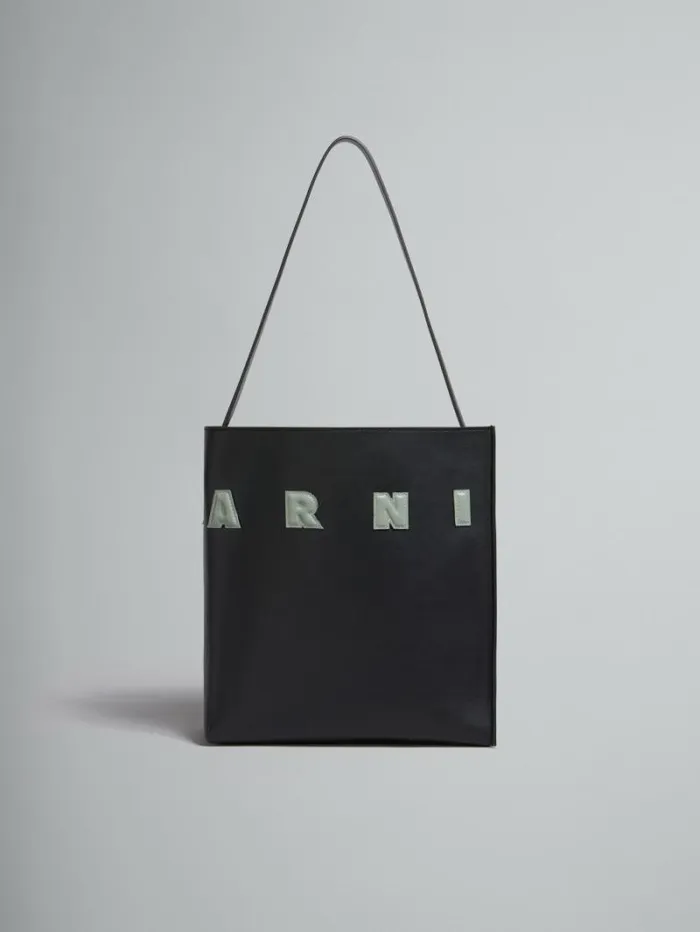 Women Marni Tote Bags Small Black Leather Museo Hobo Bag With Patches