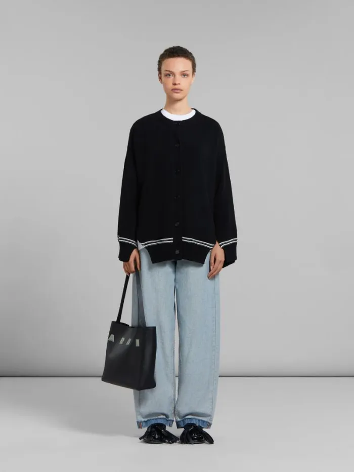 Women Marni Tote Bags Small Black Leather Museo Hobo Bag With Patches