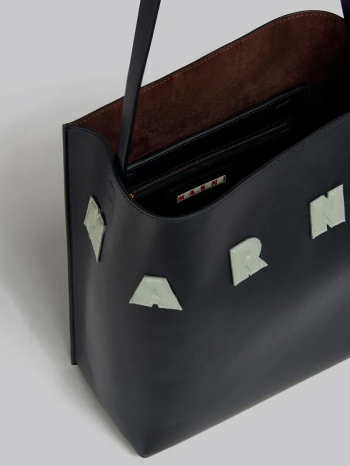 Women Marni Tote Bags Small Black Leather Museo Hobo Bag With Patches
