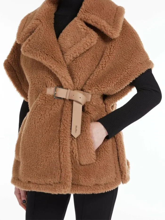 Women Max Mara Capes Teddy Fabric Gilet Cape Camel