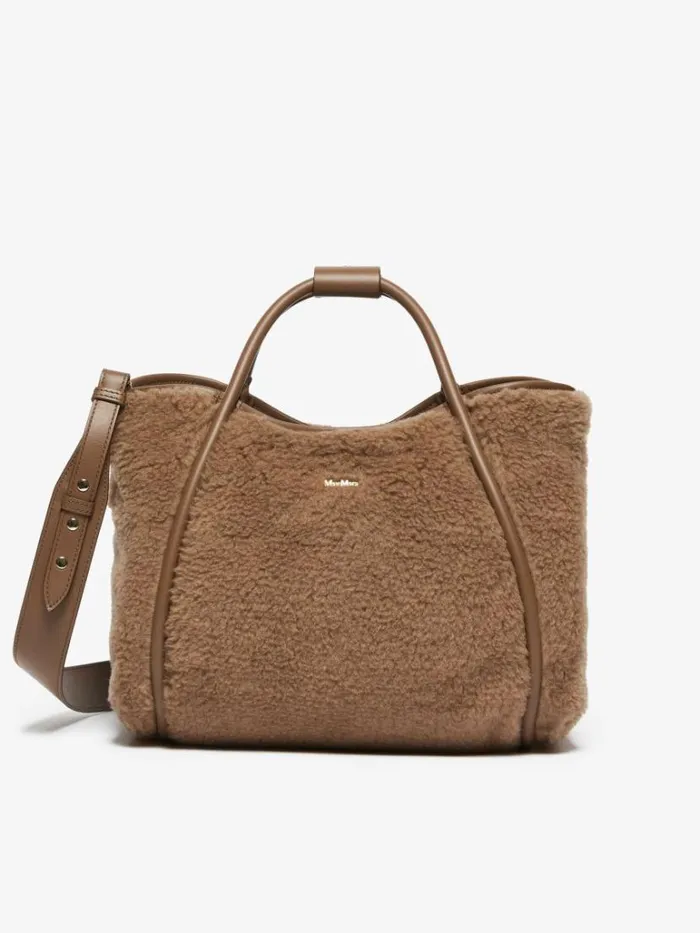 Women Max Mara Marine Bag Small Teddy Fabric Marine Bag Camel