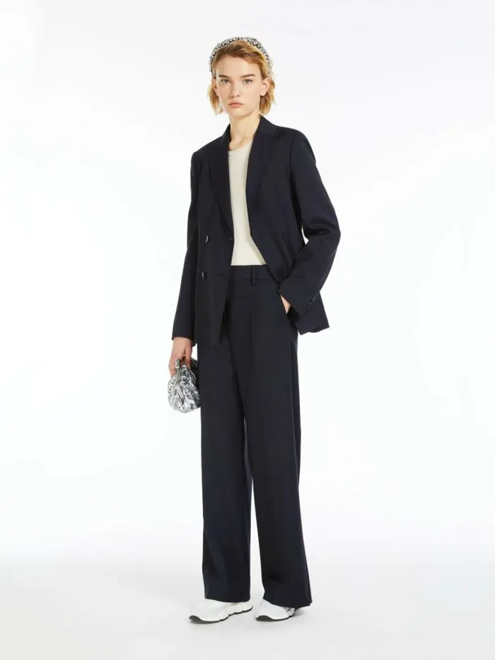 Women Max Mara Suit Woollen Cloth Palazzo Trousers Navy