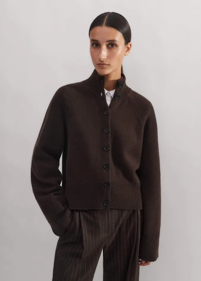 Women Merino Cashmere High Neck Cardigan Chocolate MEEM