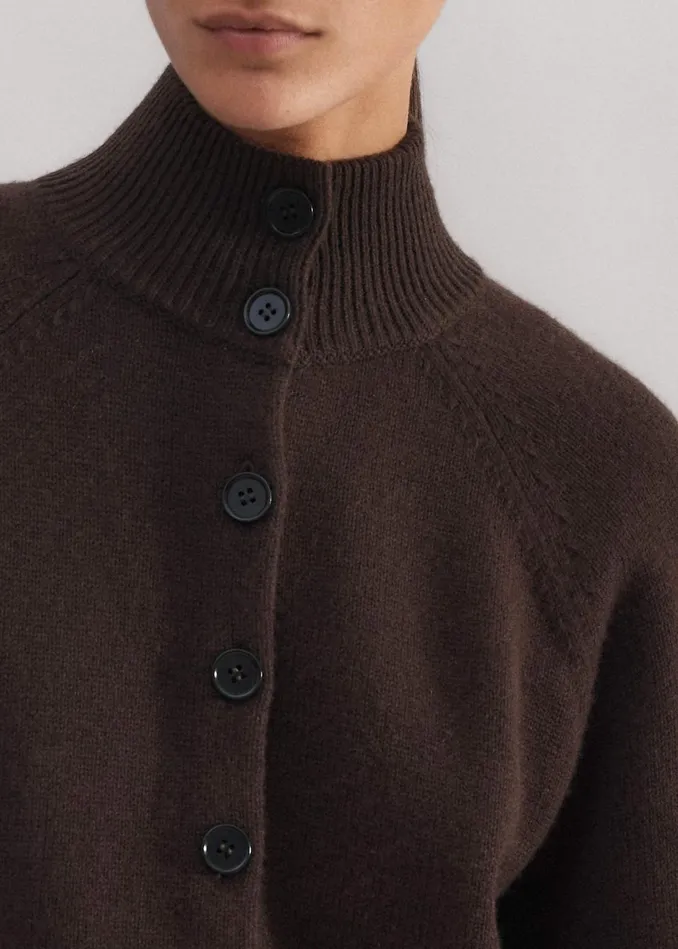 Women Merino Cashmere High Neck Cardigan Chocolate MEEM