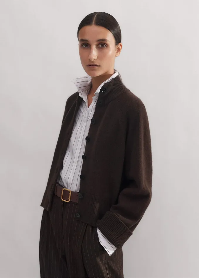 Women Merino Cashmere High Neck Cardigan Chocolate MEEM
