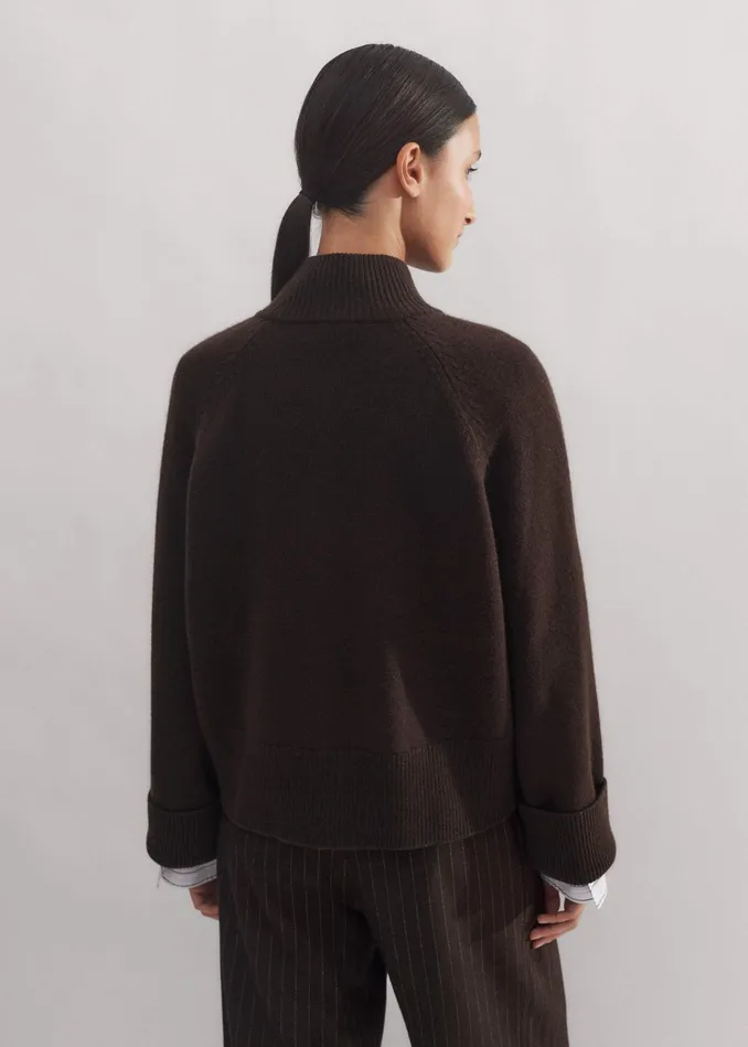 Women Merino Cashmere High Neck Cardigan Chocolate MEEM