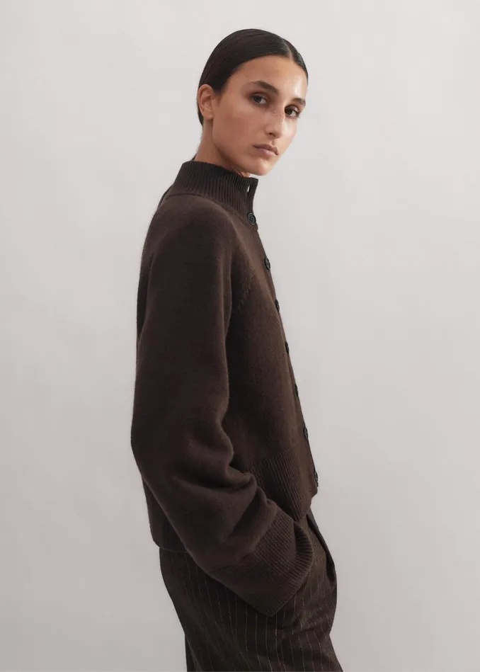 Women Merino Cashmere High Neck Cardigan Chocolate MEEM