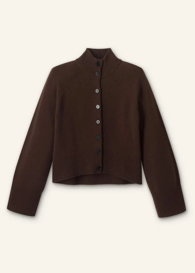 Women Merino Cashmere High Neck Cardigan Chocolate MEEM