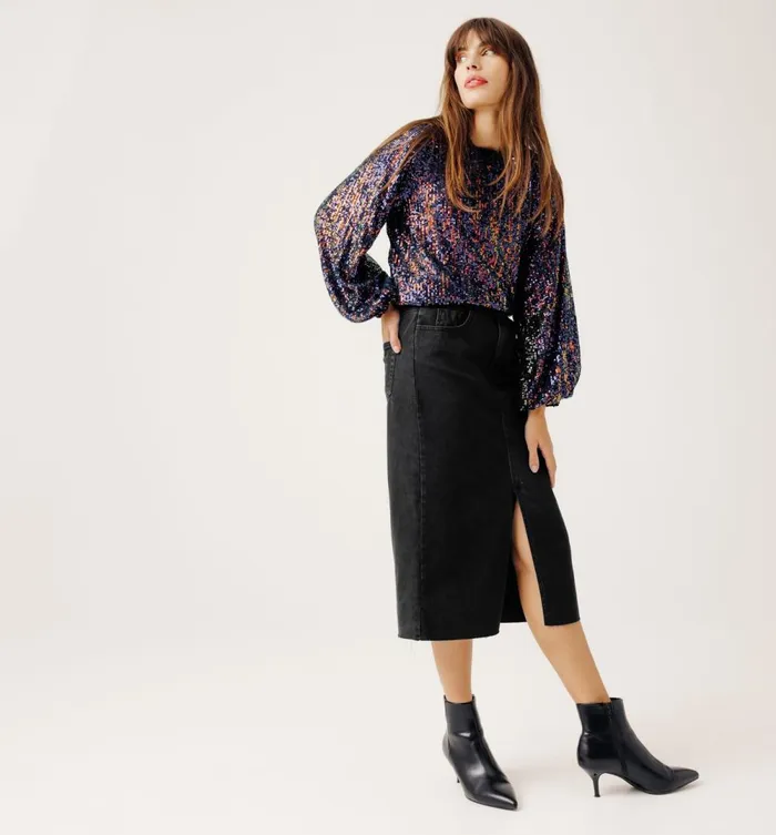 Women Midi Denim Skirt 8211 Black Denim Promod Skirts