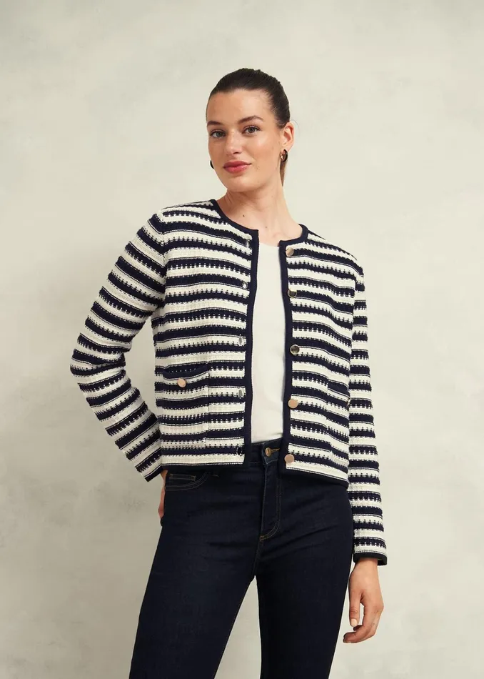 Women Milly Cotton Knitted Jacket Navy Warm Ivory Hobbs Coats and Jackets