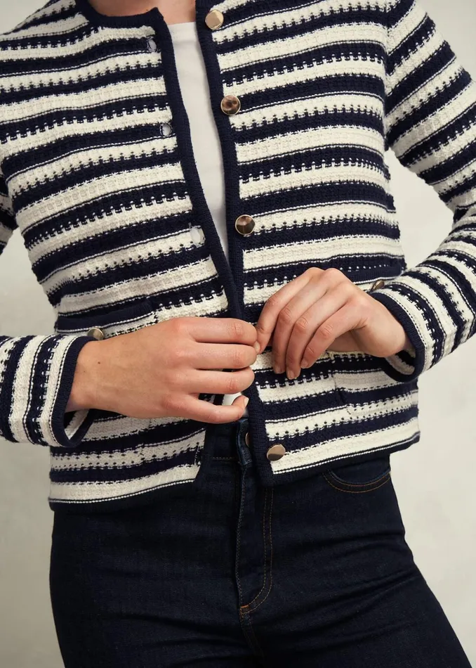 Women Milly Cotton Knitted Jacket Navy Warm Ivory Hobbs Coats and Jackets