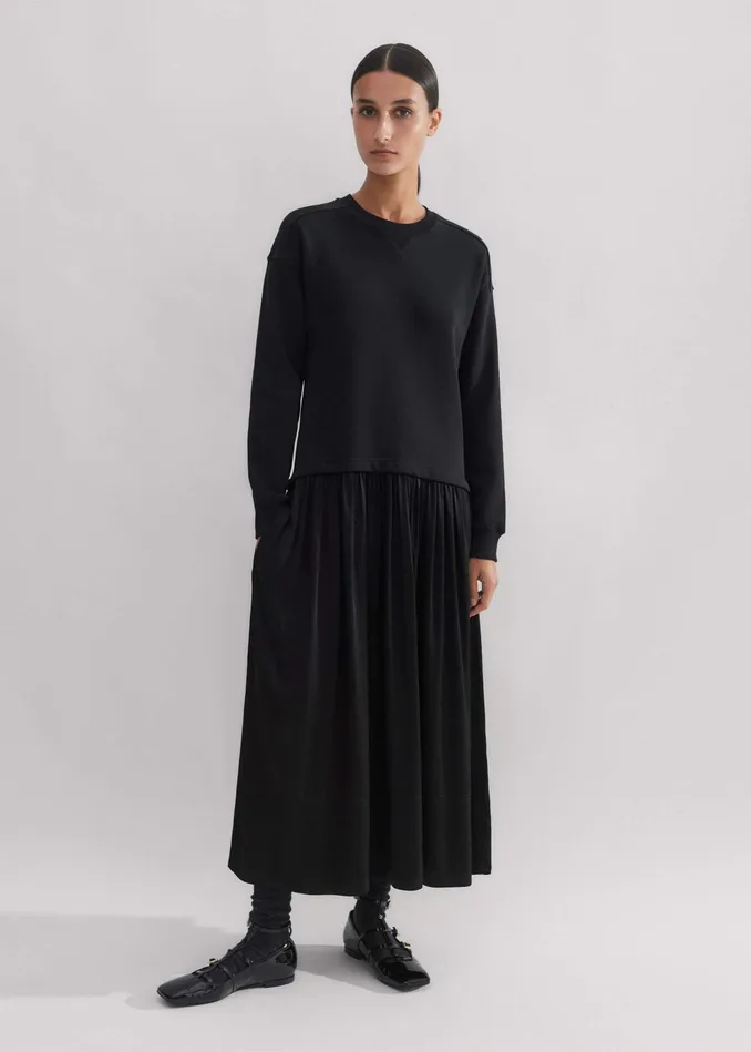 Women Mixed Media Sweatshirt Maxi Dress Black MEEM