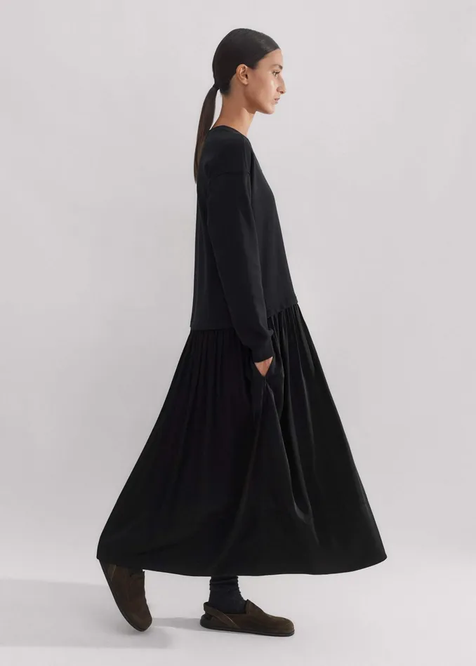 Women Mixed Media Sweatshirt Maxi Dress Black MEEM