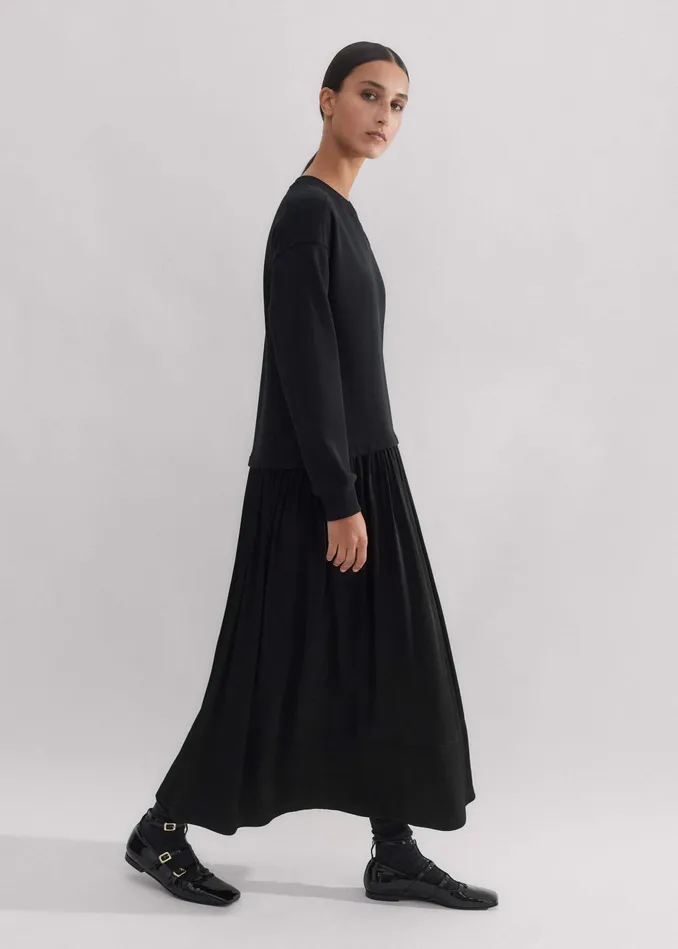 Women Mixed Media Sweatshirt Maxi Dress Black MEEM