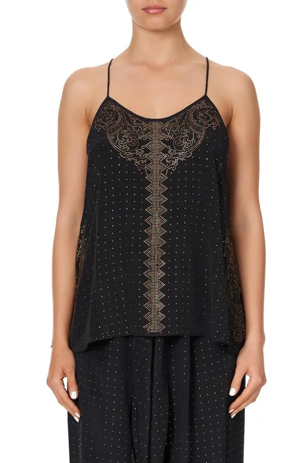 Women Modest Clothing Camilla T Back Shoestring Top Luxe Black