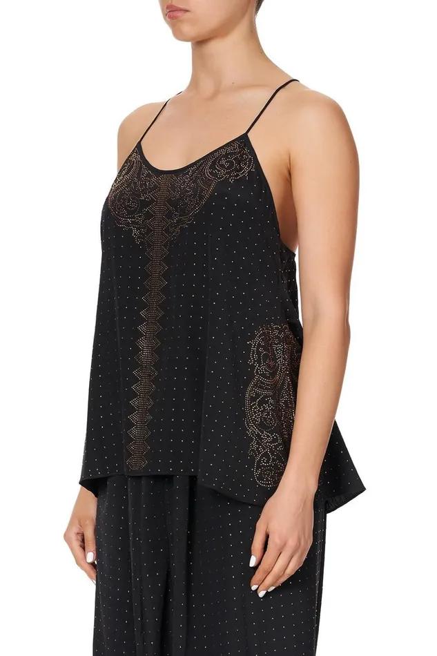 Women Modest Clothing Camilla T Back Shoestring Top Luxe Black