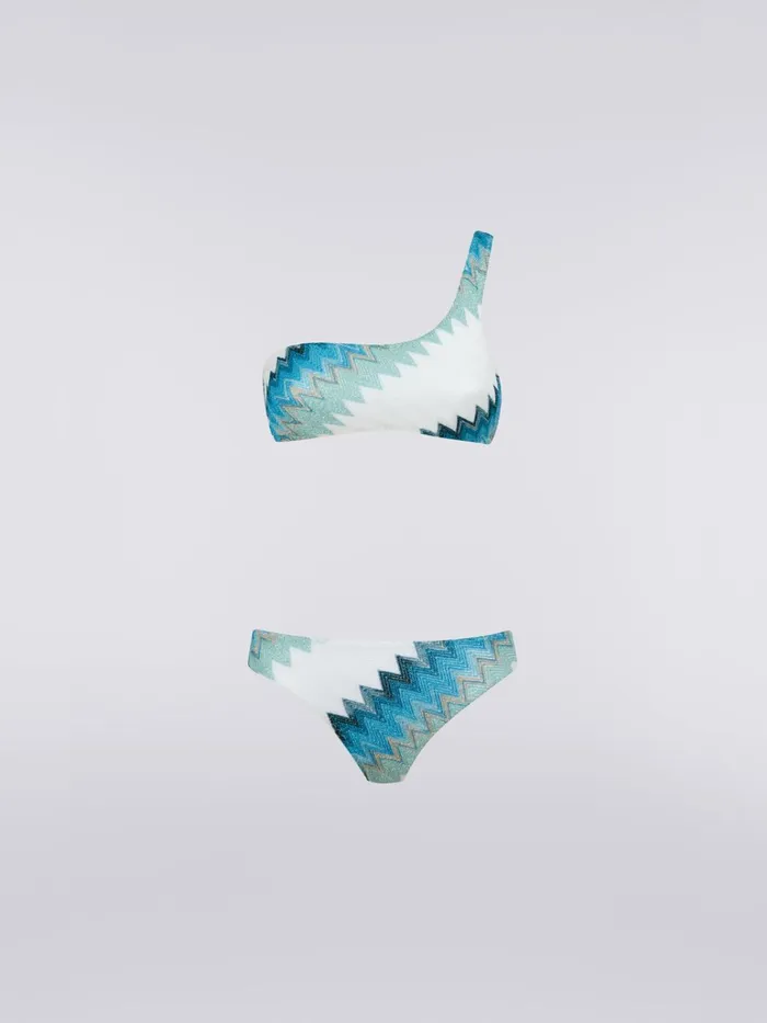 Women OneShoulder Bikini With Zigzag And Lam White Blue and Sky Blue Missoni Swimsuits