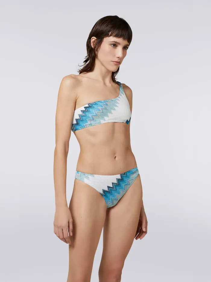 Women OneShoulder Bikini With Zigzag And Lam White Blue and Sky Blue Missoni Swimsuits