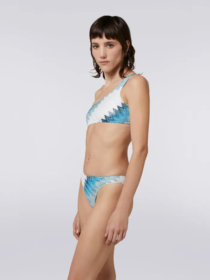 Women OneShoulder Bikini With Zigzag And Lam White Blue and Sky Blue Missoni Swimsuits