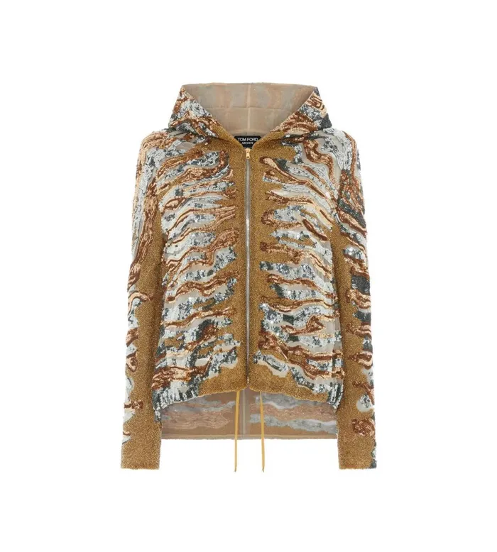 Women Outerwear Tom Ford Zebra Sequins Embroidery On Tulle Hoodie Gold Silver