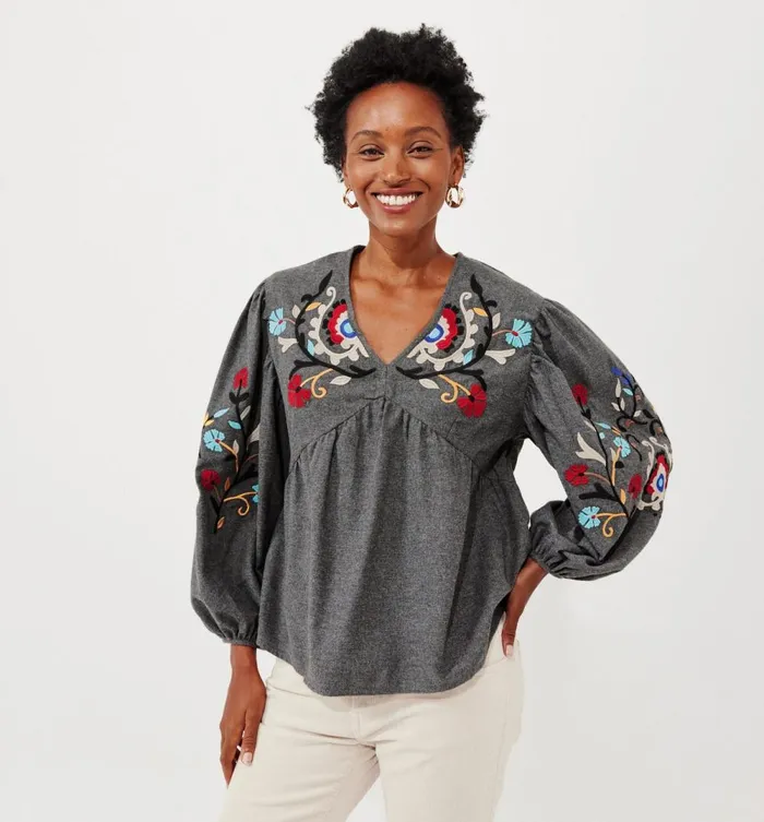 Women Oversized Embroidered Blouse 8211 Dark Grey Promod Shirts And Tunics