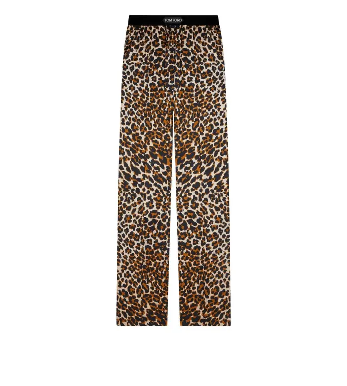 Women Pajamas and Robes Tom Ford Reflected Leopard Pattern Silk Satin Pj Pants Black Beige